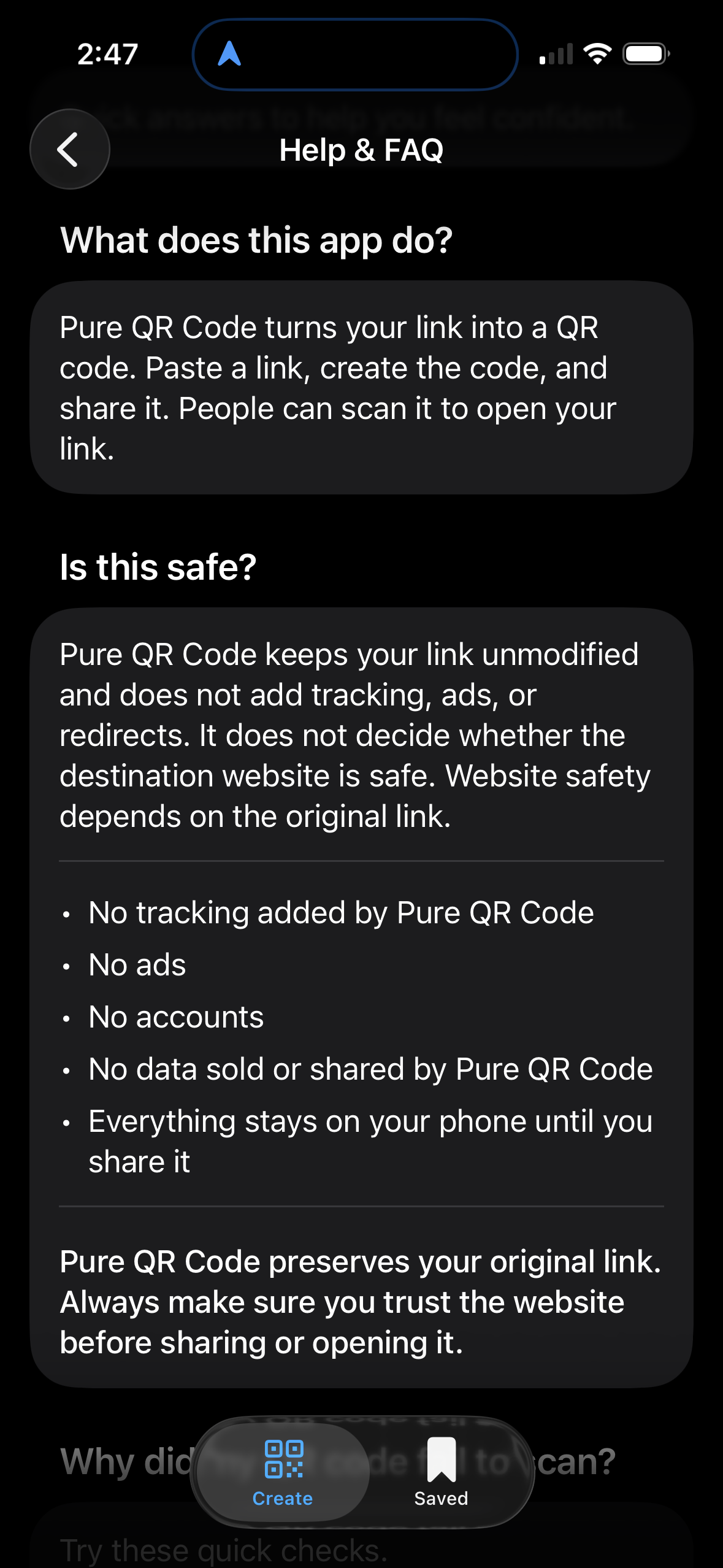 Help view with support guidance