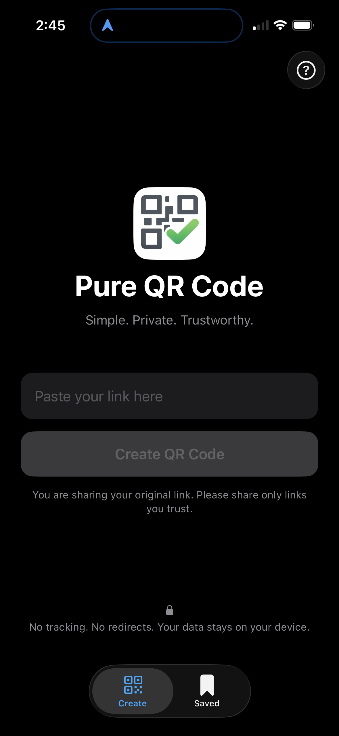 Main view for creating a QR code from a URL