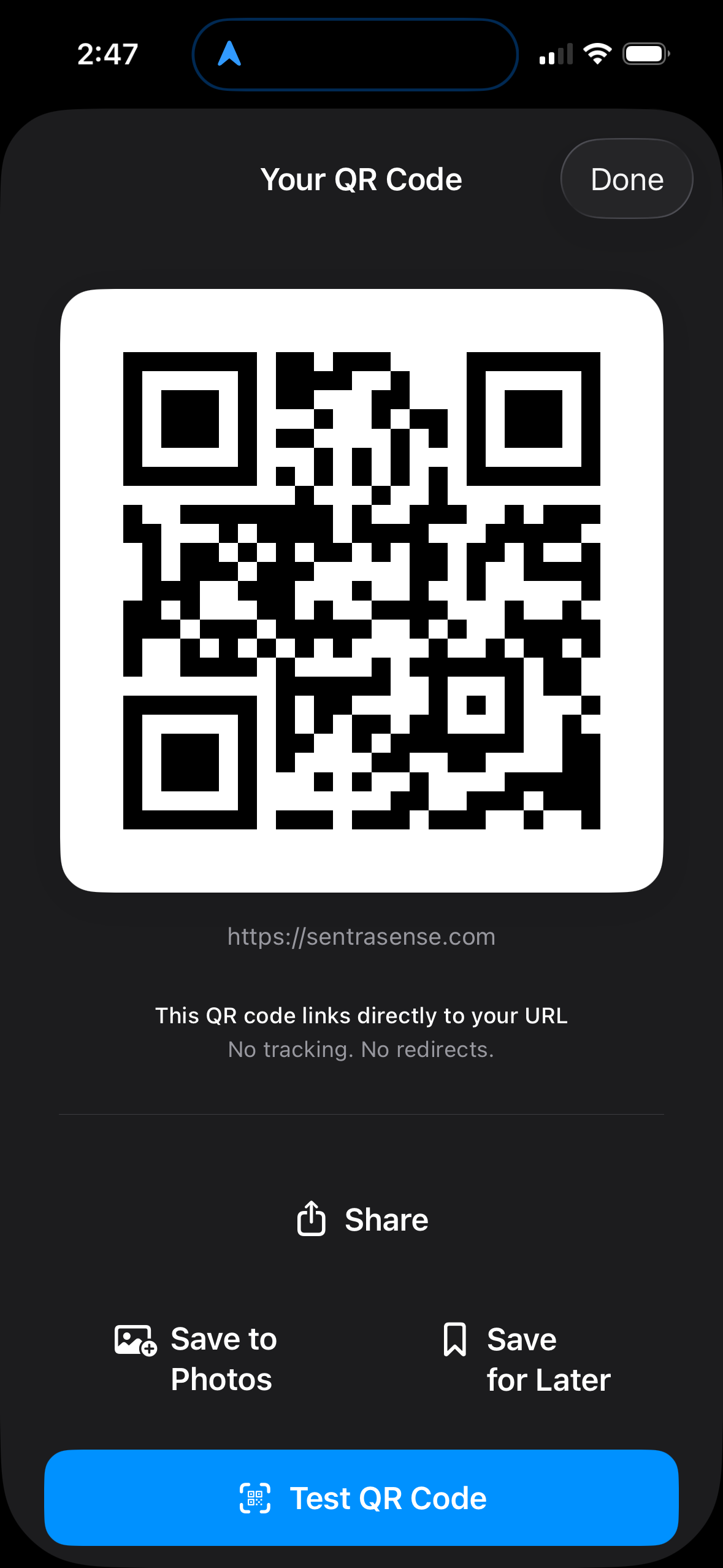Detail view for a generated QR code