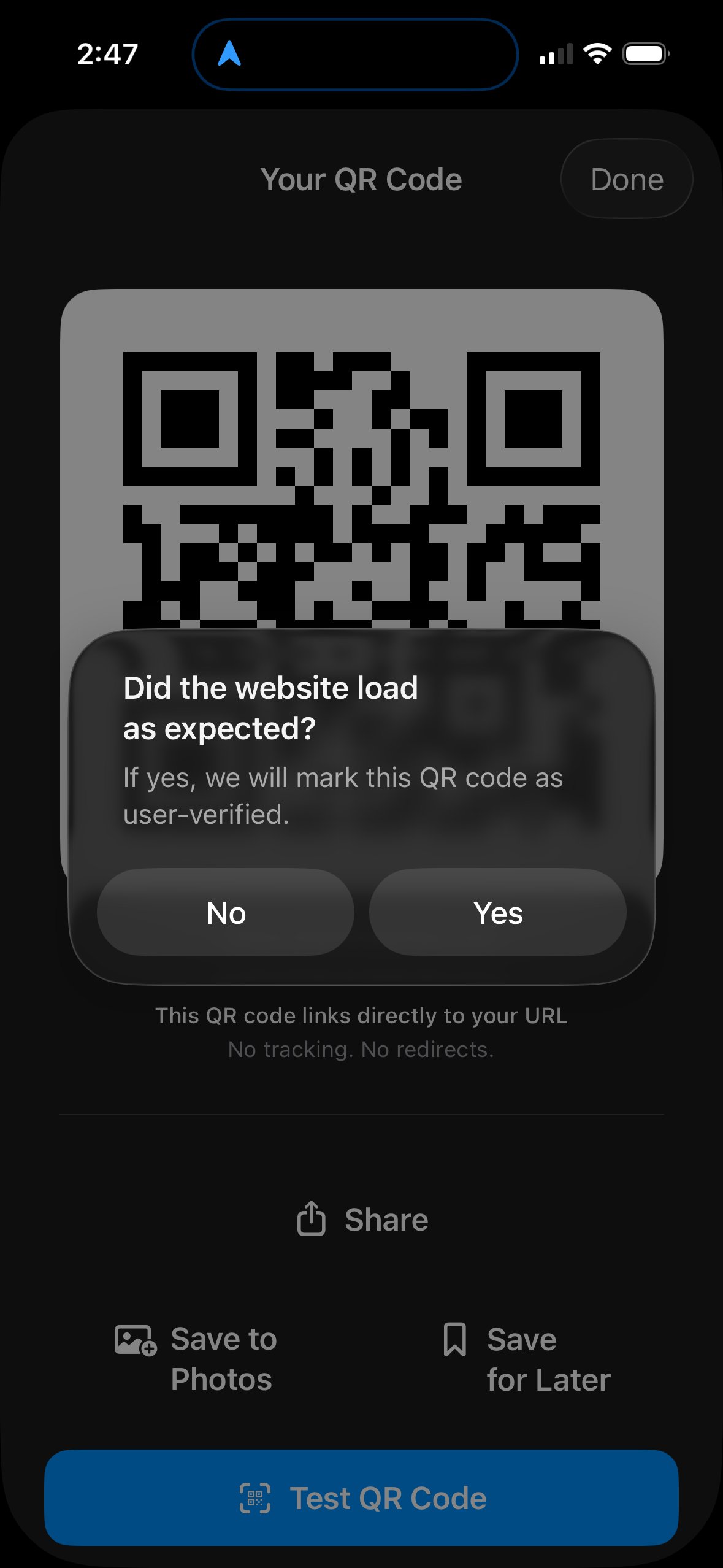 Verification flow for testing a generated QR code